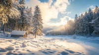 Sunlit Winter Forest with Snow-Covered Cabin