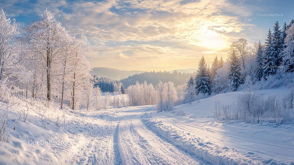 Scenic Winter Road Through Frosty Forest at Sunrise