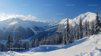 Snowy Mountain Landscape with Pine Trees and Clear Blue Sky