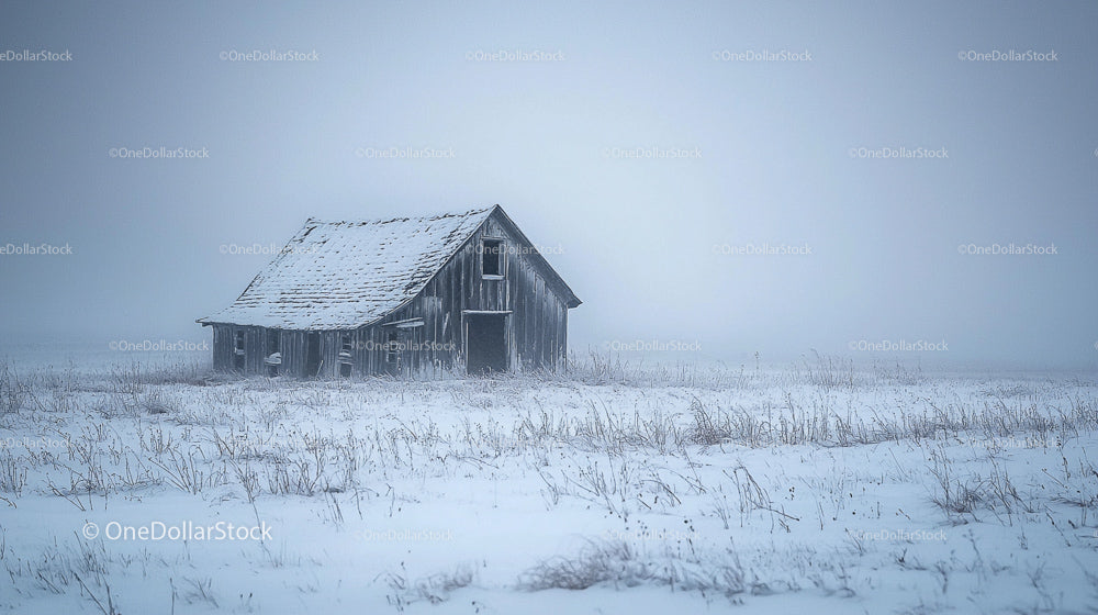 Rustic Cabin in a Snowy Misty Winter Landscape