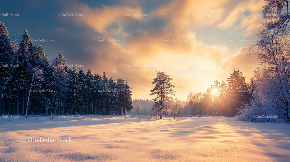 Golden Sunset over Snowy Winter Landscape