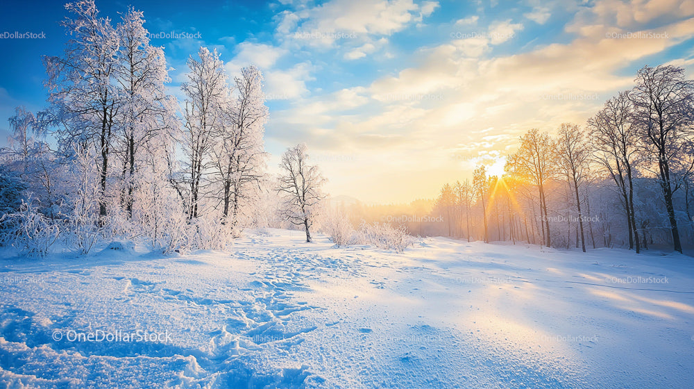 Snow-Covered Trees at Sunrise in Tranquil Winter Landscape