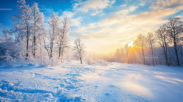 Snow-Covered Trees at Sunrise in Tranquil Winter Landscape