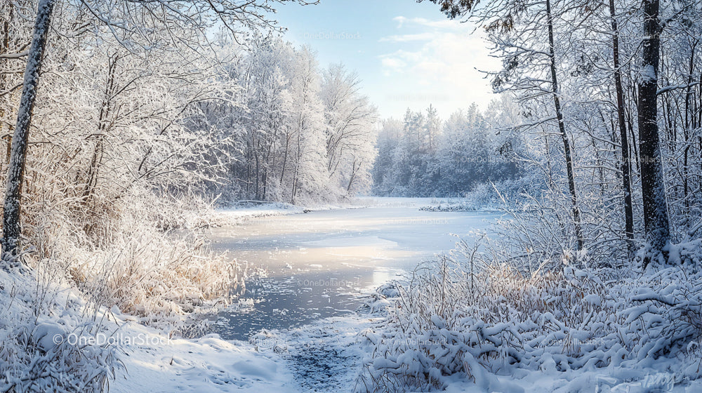Serene Winter Landscape with Snow-Covered Trees and Icy River