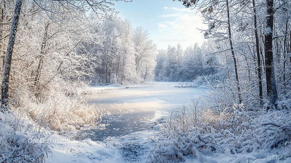 Serene Winter Landscape with Snow-Covered Trees and Icy River