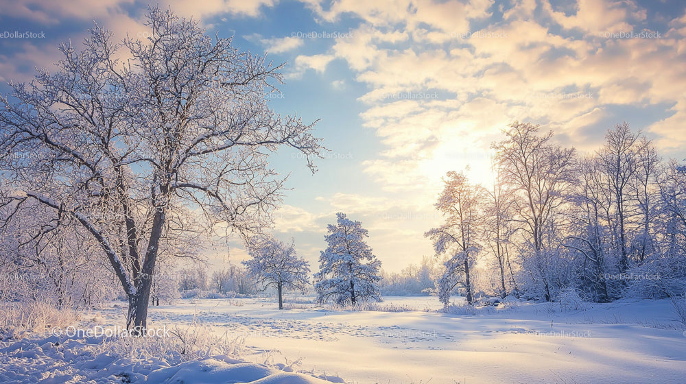 Frosty Morning in a Snow-Covered Forest Landscape