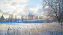 Frozen Lake with Snow-Covered Trees Under Cloudy Sky