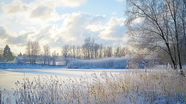 Frozen Lake with Snow-Covered Trees Under Cloudy Sky