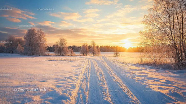 Scenic Winter Landscape with Frosty Trees and Sunset Glow