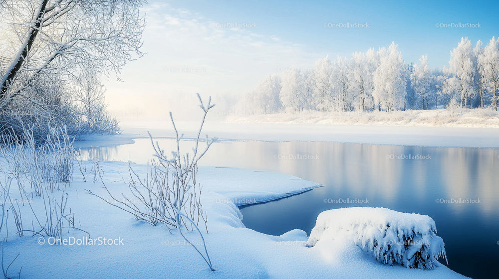 Snow-Covered Riverbanks with Frosty Trees Reflecting in Water