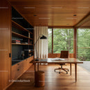 Modern Home Office with Large Windows and Wooden Features