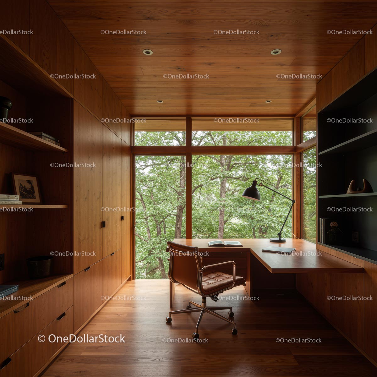 Modern Home Office with Large Windows and Wooden Interior