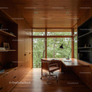 Modern Home Office with Large Windows and Wooden Interior