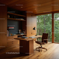 Modern Home Office with Wooden Furniture and Large Window View