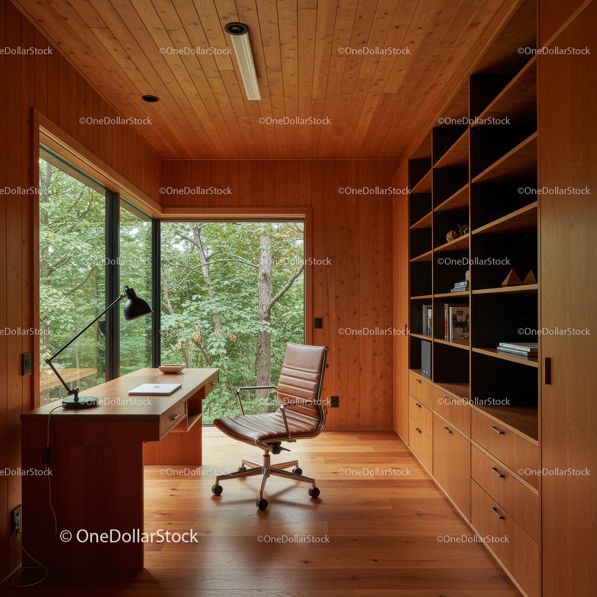 Modern Home Office with Wooden Interior and Nature View
