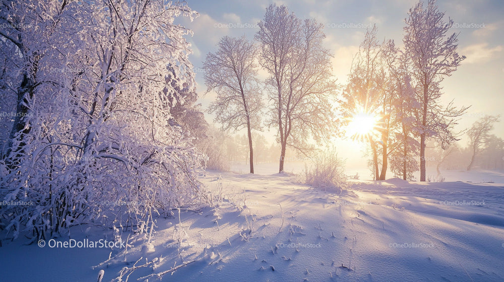 Sunrise Over Snow-Covered Winter Landscape with Frosty Trees