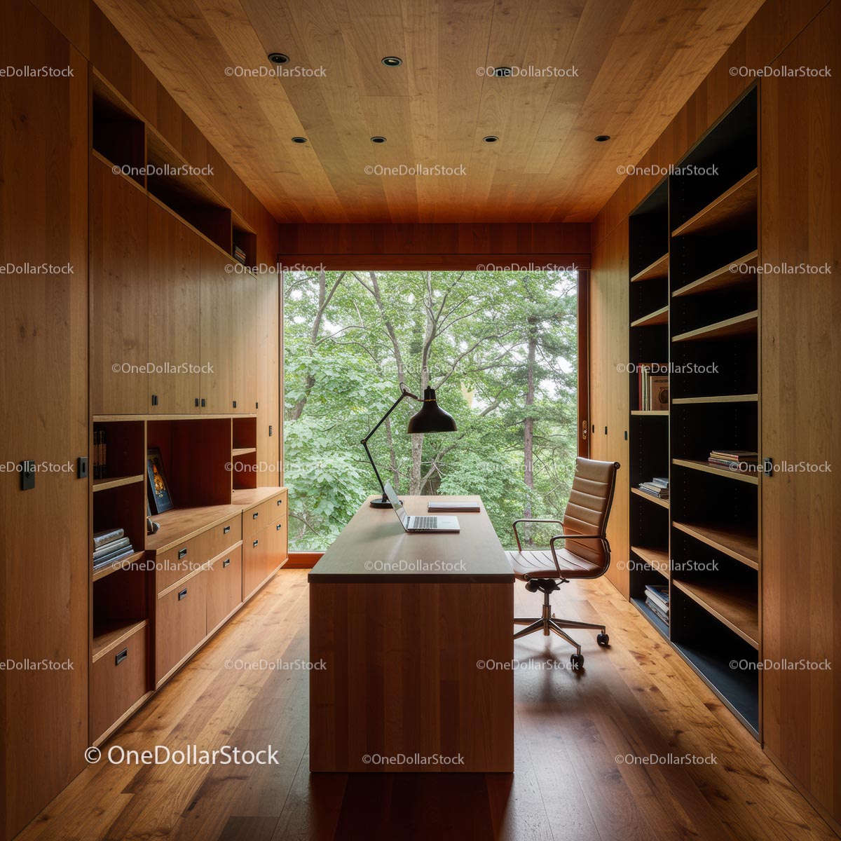 Modern Home Office with Large Window and Wooden Interior