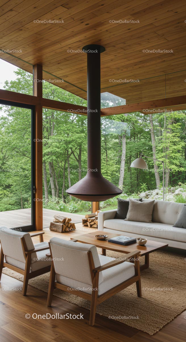 Modern Living Room with Forest View and Wood Finish