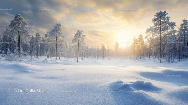 Scenic Winter Sunrise Over Snowy Pine Forest