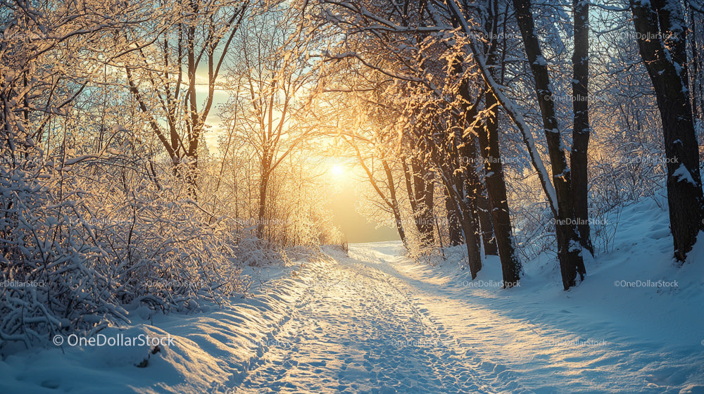 Sunlit Winter Path Through Snowy Forest