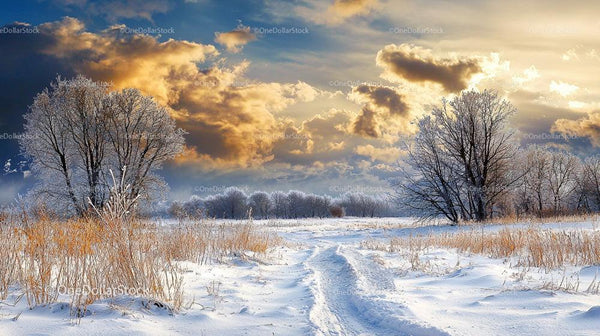 Scenic Winter Field with Frosty Trees and Dramatic Sky