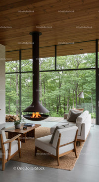 Stylish Living Room with Modern Fireplace and Forest View