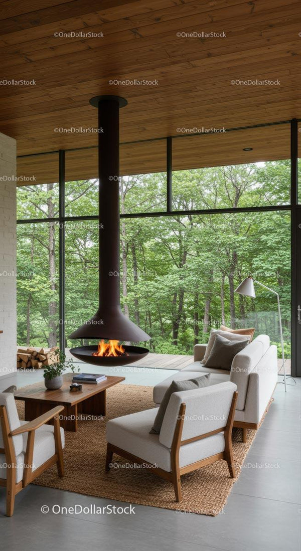 Stylish Living Room with Modern Fireplace and Forest View