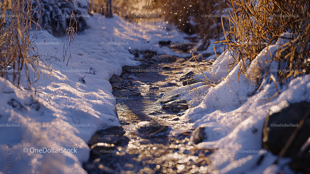 Tranquil Winter Stream Amid Snow and Sunlight