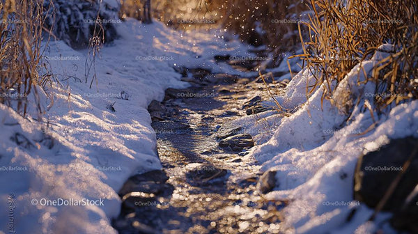 Tranquil Winter Stream Amid Snow and Sunlight