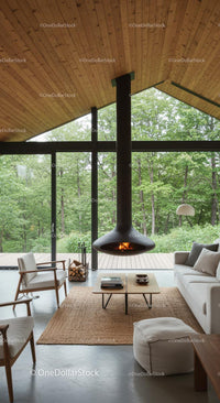 Modern Living Room with Hanging Fireplace and Forest View