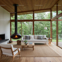 Modern Living Room with Wooden Interior and Forest View