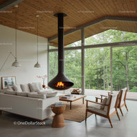 Modern Living Room with Hanging Fireplace and Forest View