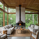 Modern Living Room with Fireplace Overlooking Forest