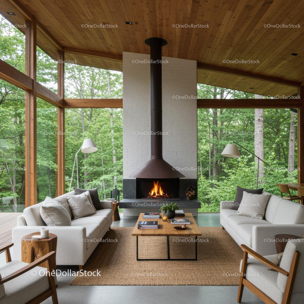 Modern Living Room with Fireplace Overlooking Forest