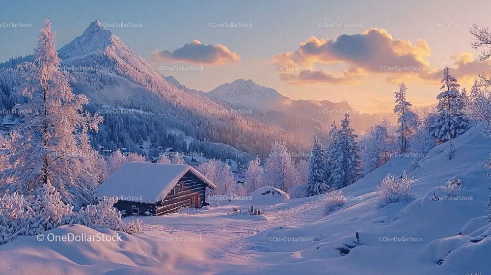 Snow-Covered Alpine Landscape at Sunset