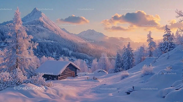 Snow-Covered Alpine Landscape at Sunset
