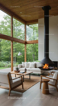 Modern Living Room with Panoramic Windows and Fireplace