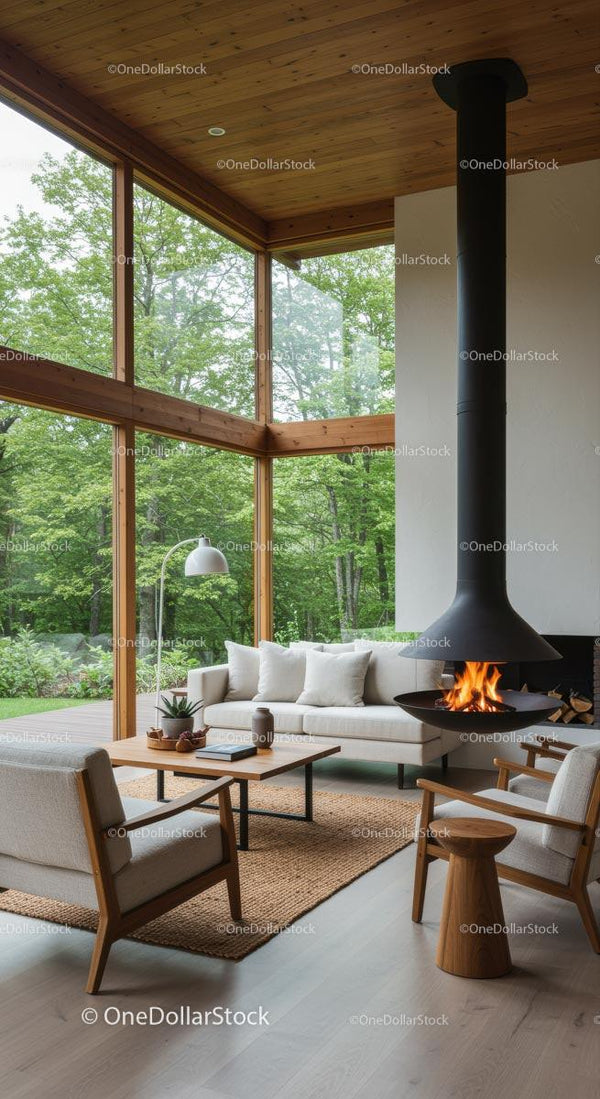 Modern Living Room with Panoramic Windows and Fireplace