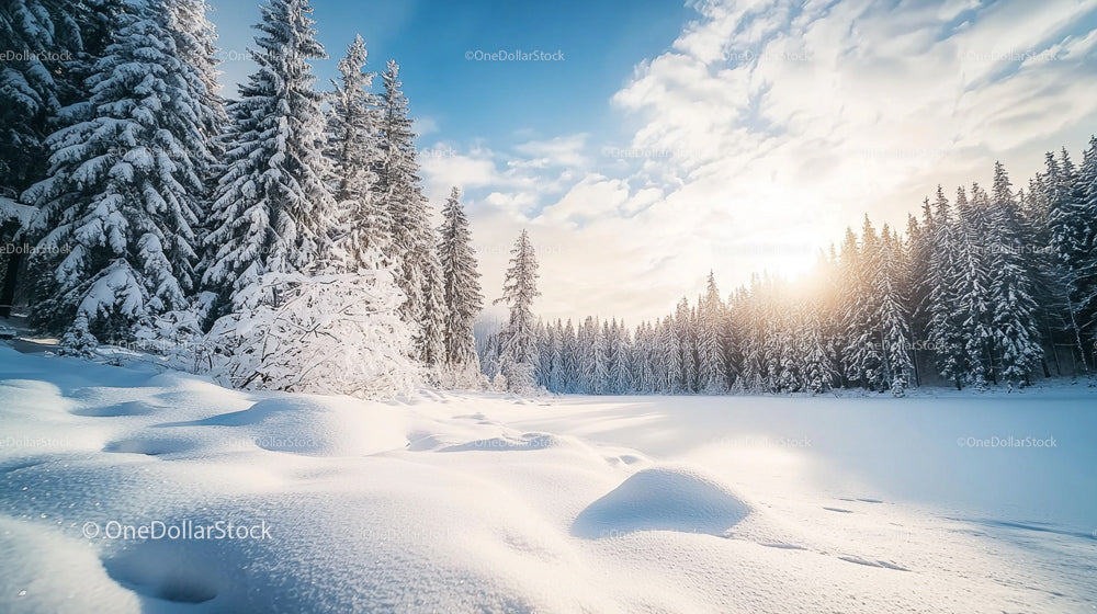 Zaśnieżony las sosnowy o wschodzie słońca i dziewiczy zimowy krajobraz
