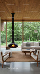 Scandinavian Living Room with Forest View and Fireplace