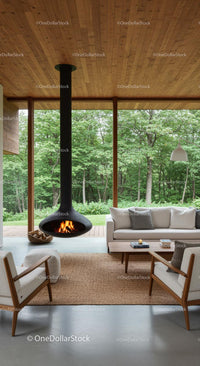 Scandinavian Living Room with Forest View and Fireplace