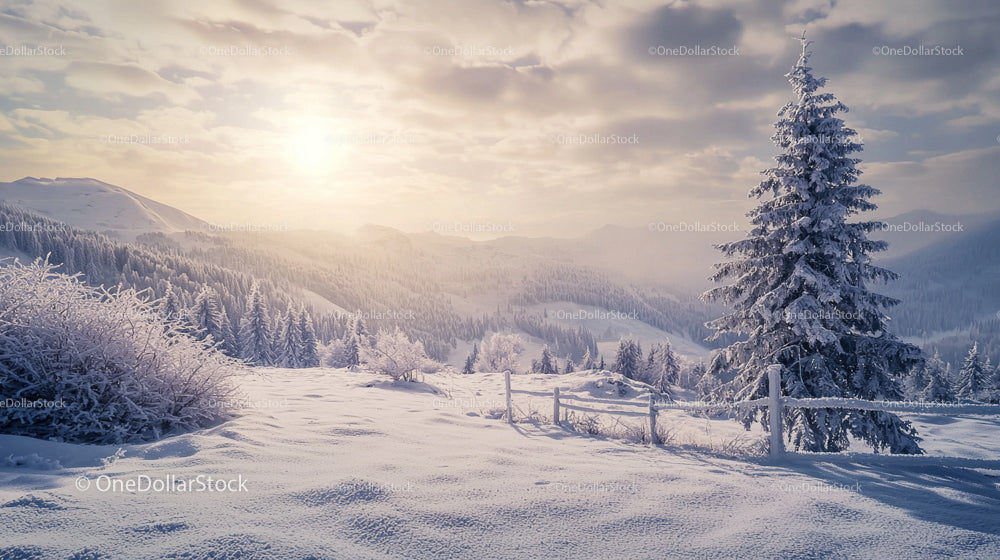 Winter Wonderland with Snow-Covered Pine Tree and Mountains