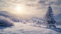 Winter Wonderland with Snow-Covered Pine Tree and Mountains