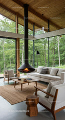 Mid-Century Modern Living Room with Panoramic Forest Views