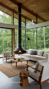 Mid-Century Modern Living Room with Panoramic Forest Views
