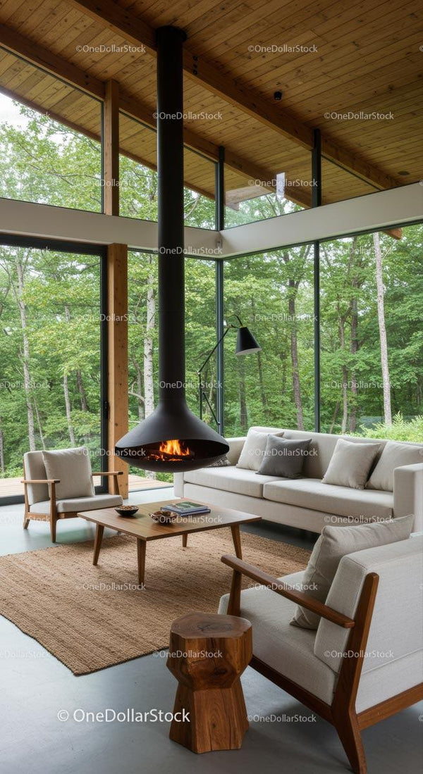 Mid-Century Modern Living Room with Panoramic Forest Views