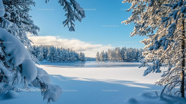 Serene Winter Landscape with Snowy Forest and Frozen Lake