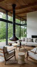 Modern Living Room with Fireplace and Forest View