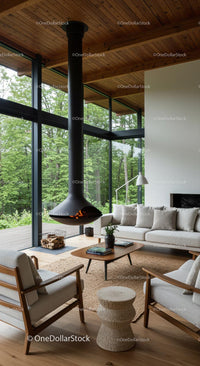 Modern Living Room with Fireplace and Forest View