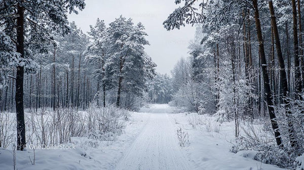 Snowy Winter Path Through Tranquil Forest Landscape